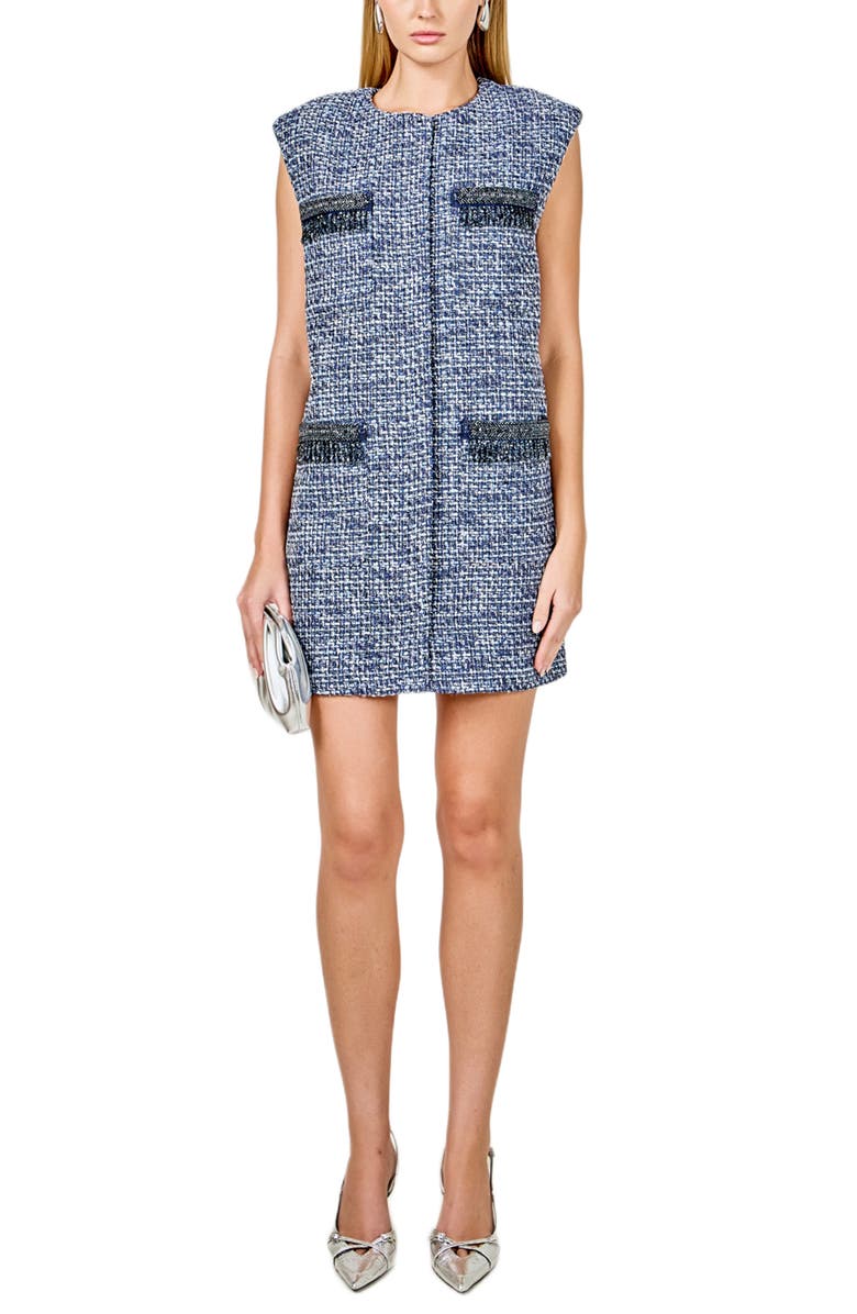 Endless Rose Metallic Tweed Sleeveless Minidress, Main, color, Blue