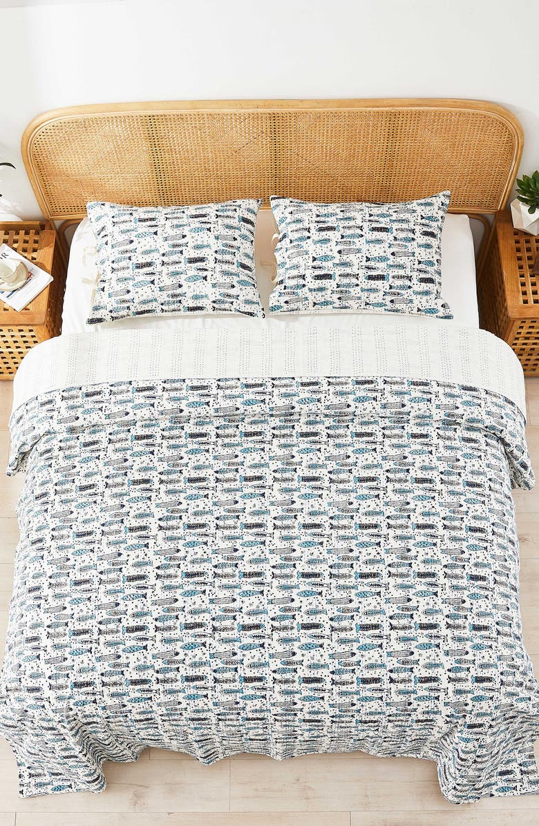 MELANGE HOME Fish Kantha Cotton Coverlet, Alternate, color, Indigo