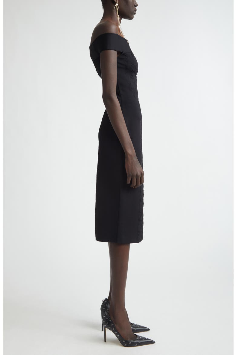 Satin & Jacquard Off the Shoulder Pencil Dress, Alternate, color, BLACK