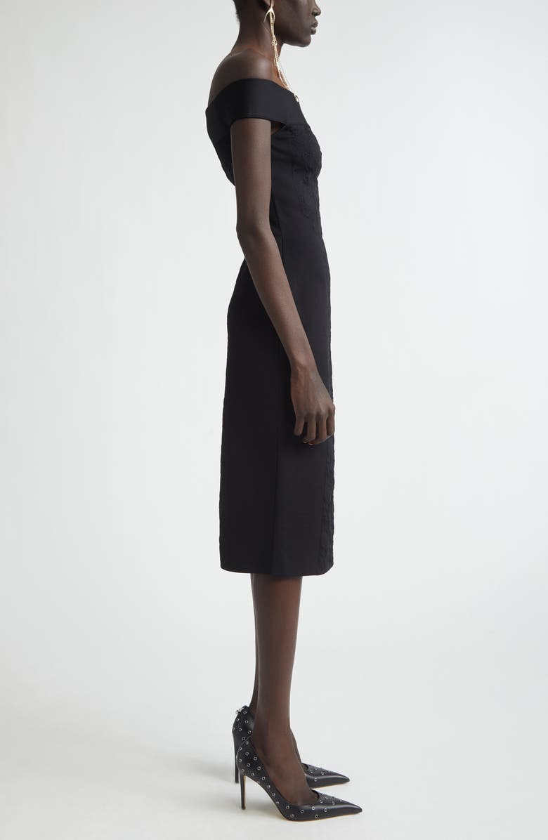 McQueen Satin & Jacquard Off the Shoulder Pencil Dress, Alternate, color, Black