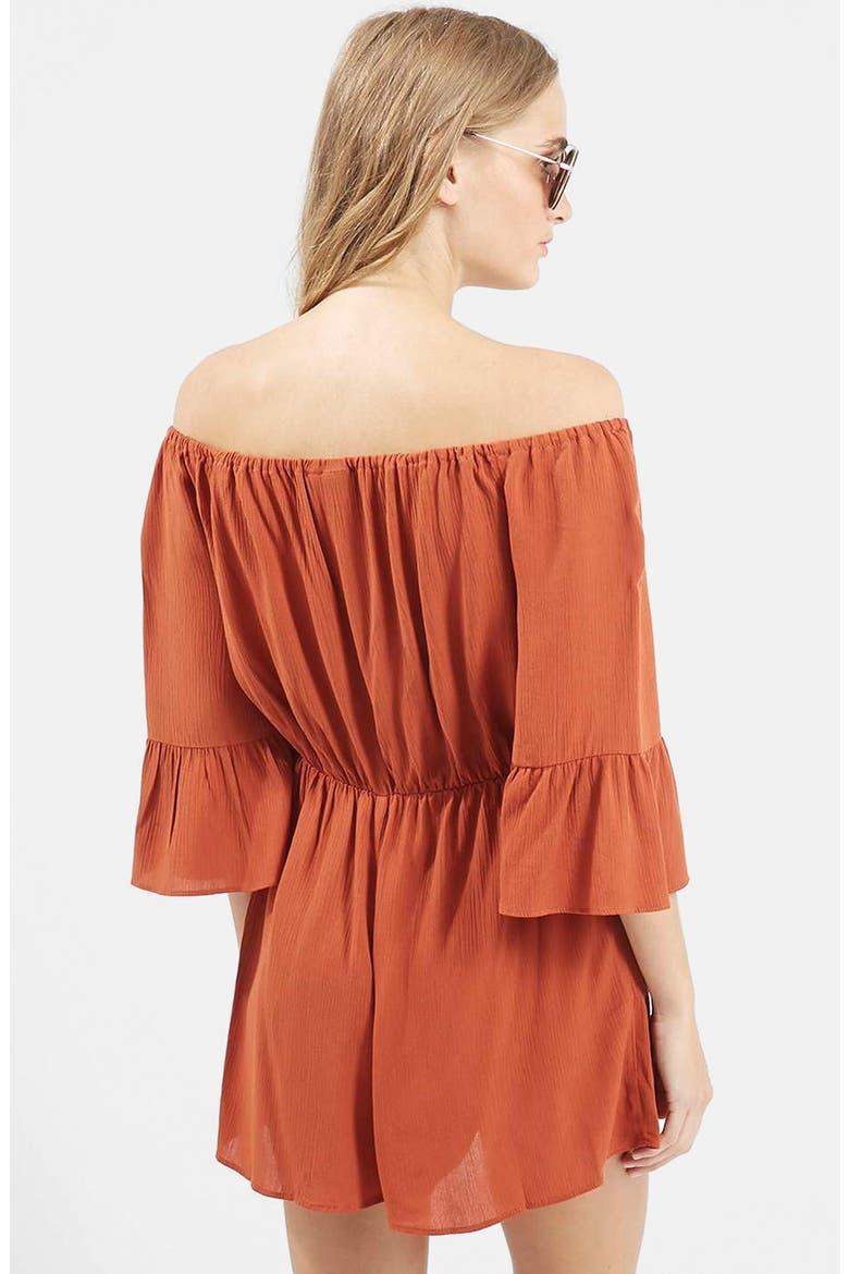 Crinkly Off the Shoulder Romper, Alternate, color, RUST