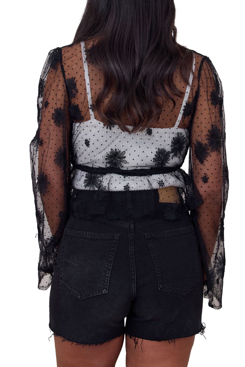 Sheer Floral Mesh Bell Sleeve Tie Front Top, Alternate, color, BLACK