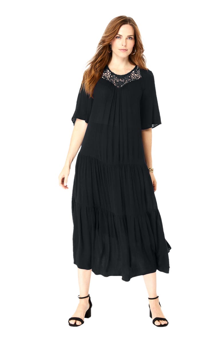 Roaman's Hand-Crinkled Crochet Neck Dress, Main, color, Black