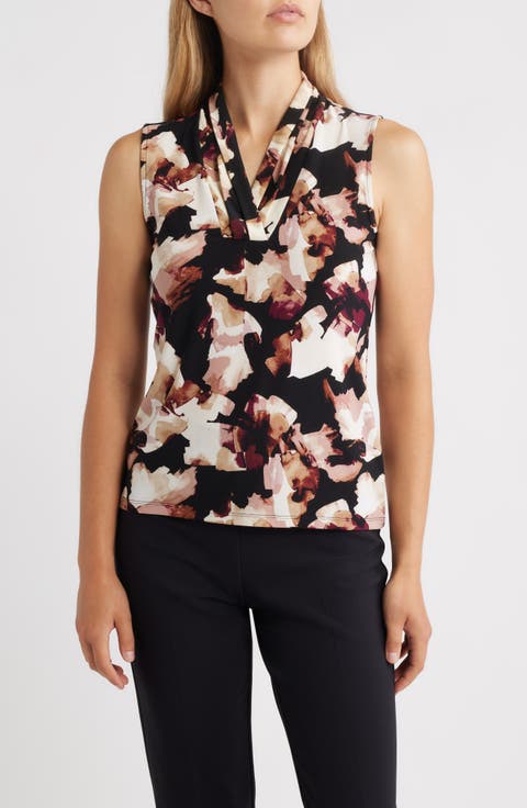 Abstract Print Triple Pleat Sleeveless Top