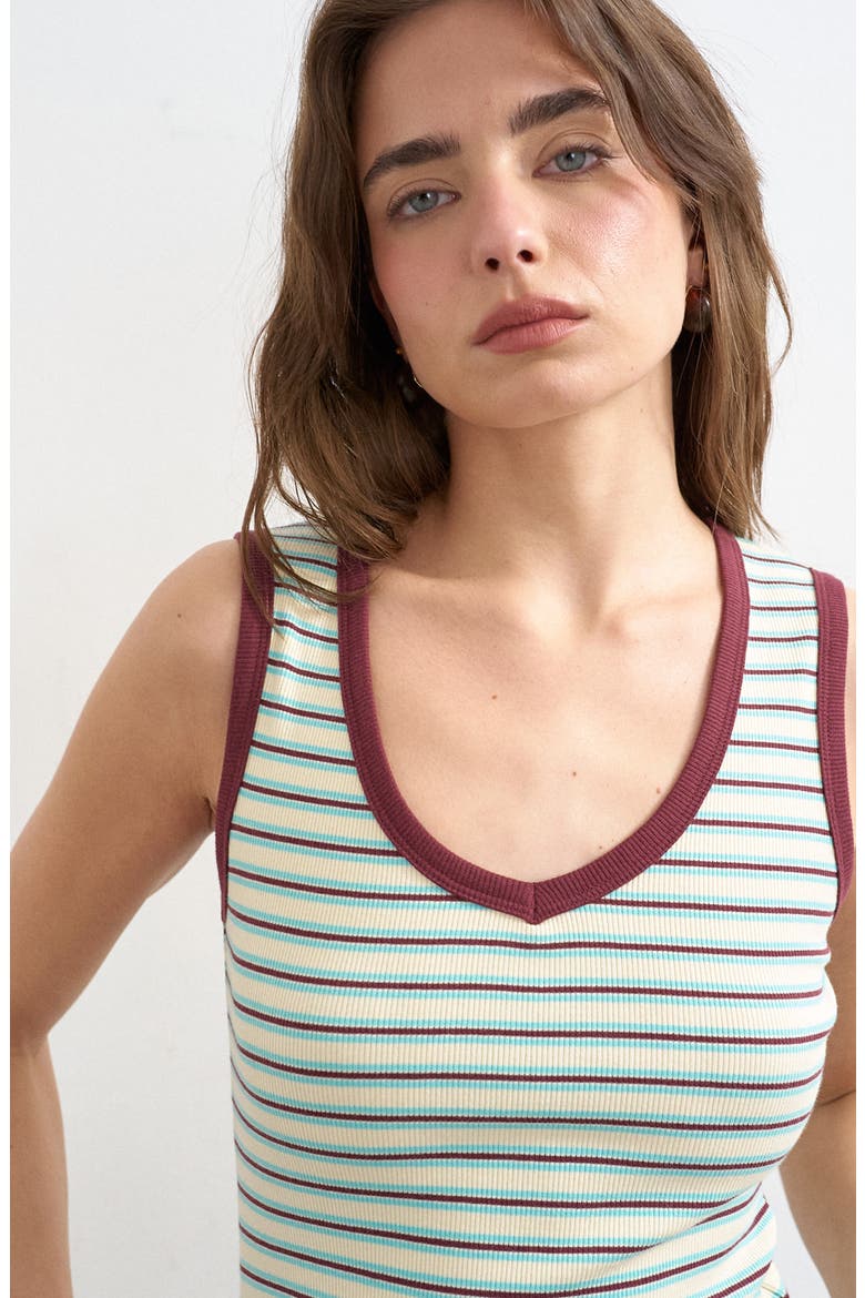 Stripe V-Neck Stretch Cotton Rib Tank, Alternate, color, BURGUNDY
