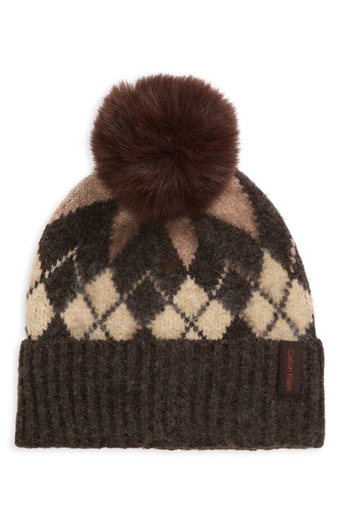 Argyle Faux Fur Pompom Beanie