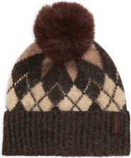 Calvin Klein Argyle Faux Fur Pompom Beanie