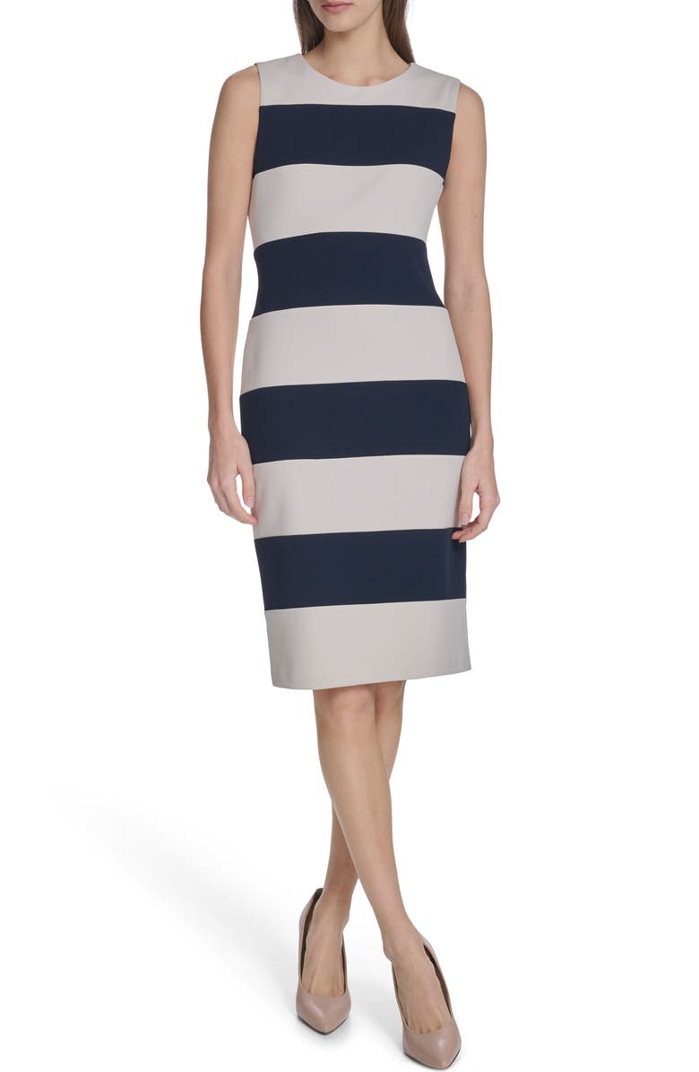 Calvin Klein Stripe Sleeveless Sheath Dress, Main, color, Indigo/ Stoney Beige