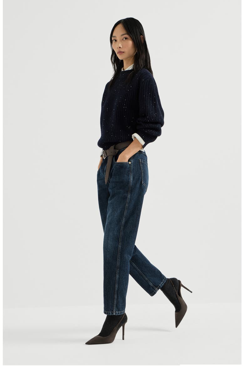 Authentic denim straight trousers with shiny bartack, Alternate, color, Denim