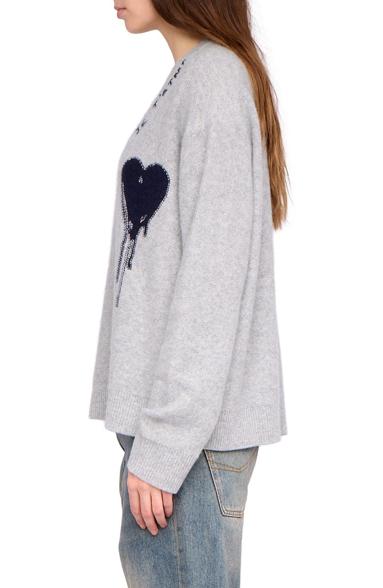 Zadig & Voltaire Mikyz Heart Appliqué Cashmere V-Neck Sweater, Alternate, color, Gris Chine Clai