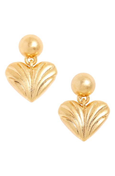 Carved Heart Drop Stud Earrings
