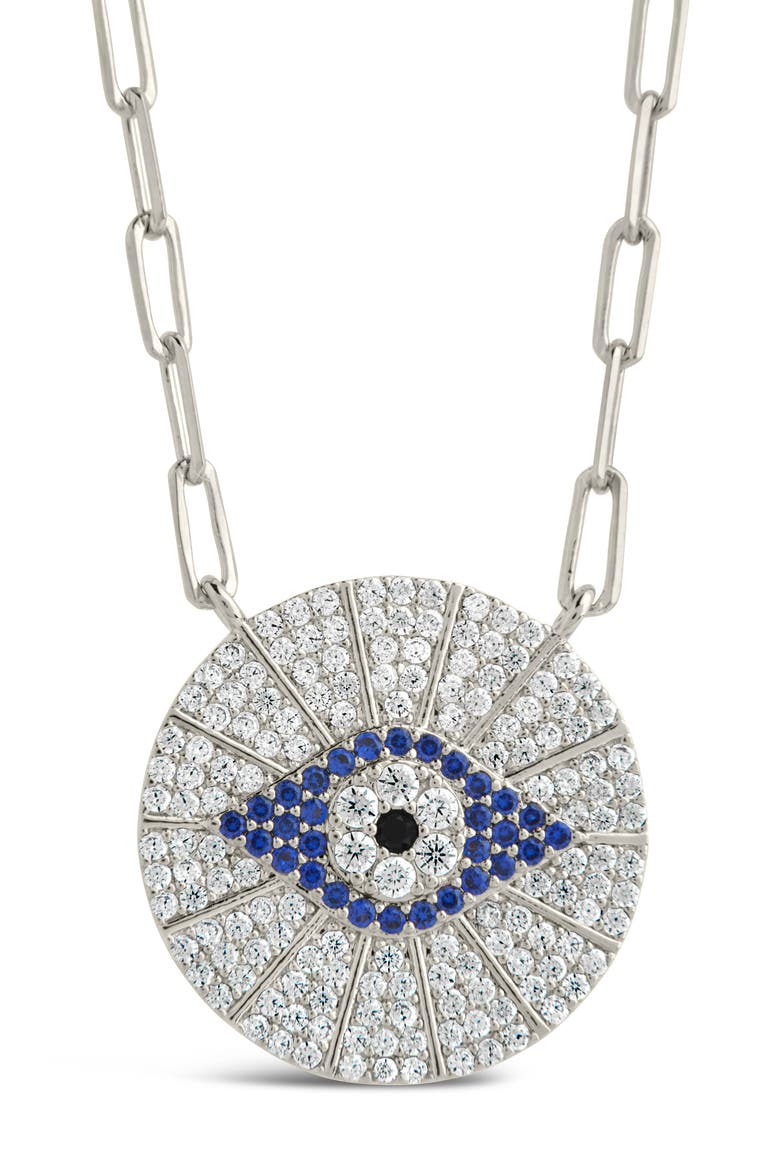 Cubic Zirconia Evil Eye Disc Pendant Necklace, Alternate, color, SILVER