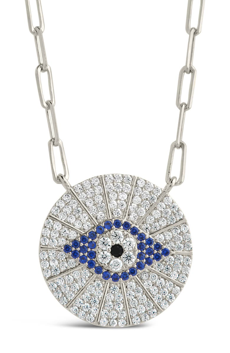 Sterling Forever Cubic Zirconia Evil Eye Disc Pendant Necklace, Alternate, color, Silver