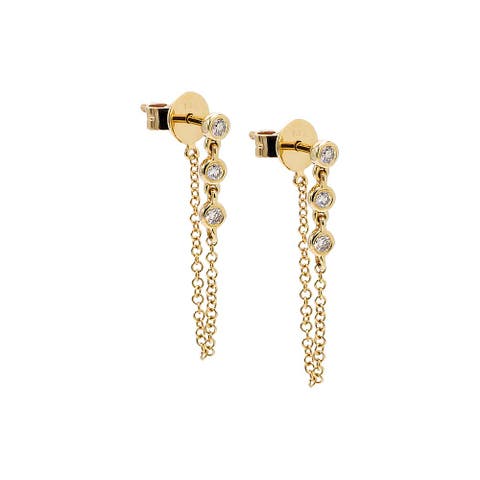 Triple Diamond Bezel Front Back Chain Stud Earring 14K