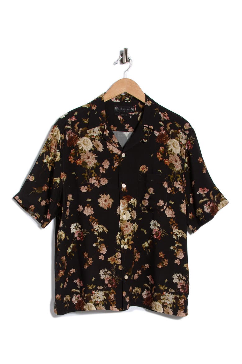 Armada Floral Linen & Cotton Camp Shirt, Alternate, color, JET BLACK