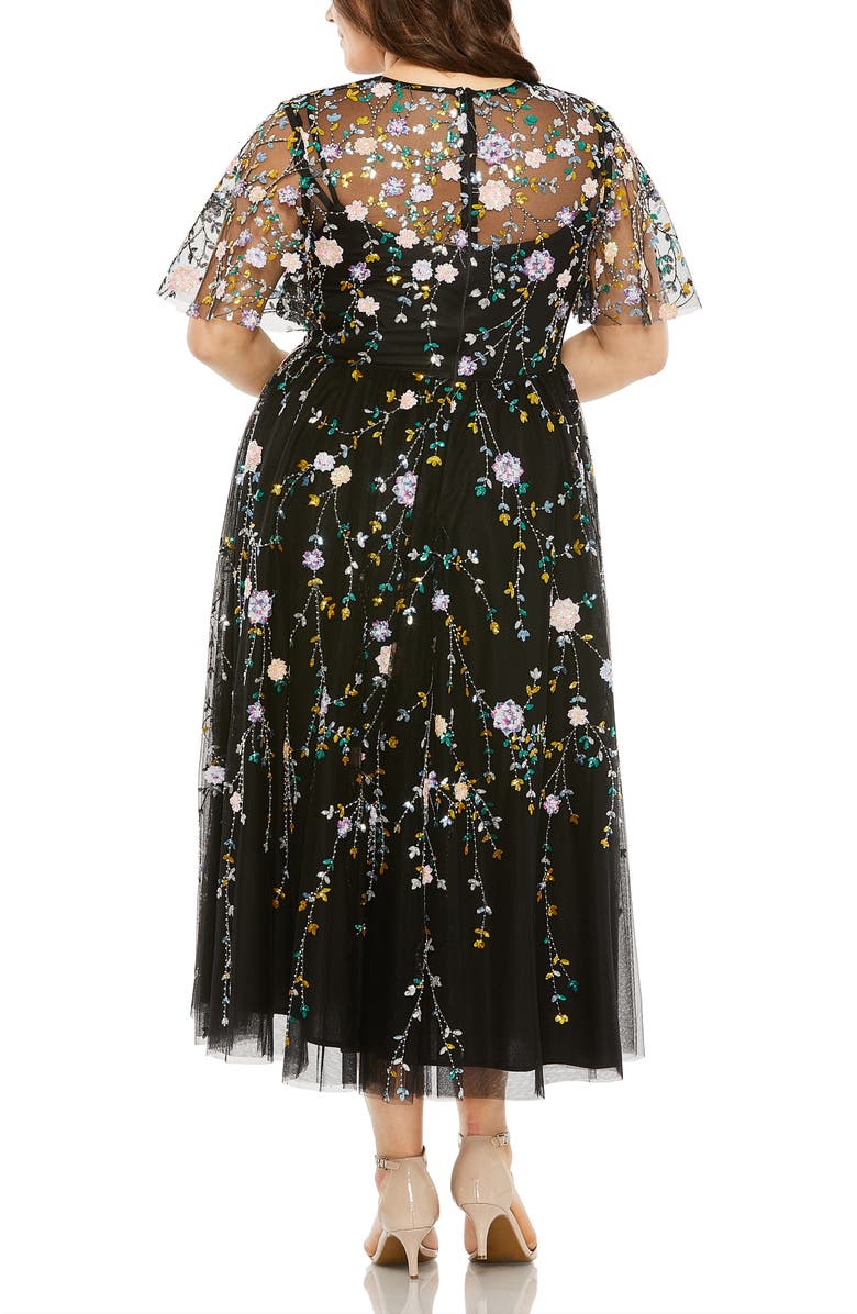 Mac Duggal Embellished Sequin Flutter Sleeve Illusion High Neck Midi Dress, Alternate, color, Black Multi