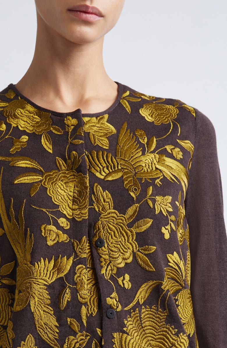Giambattista Valli Metallic Floral Jacquard Cashmere & Silk Cardigan, Alternate, color, Brown