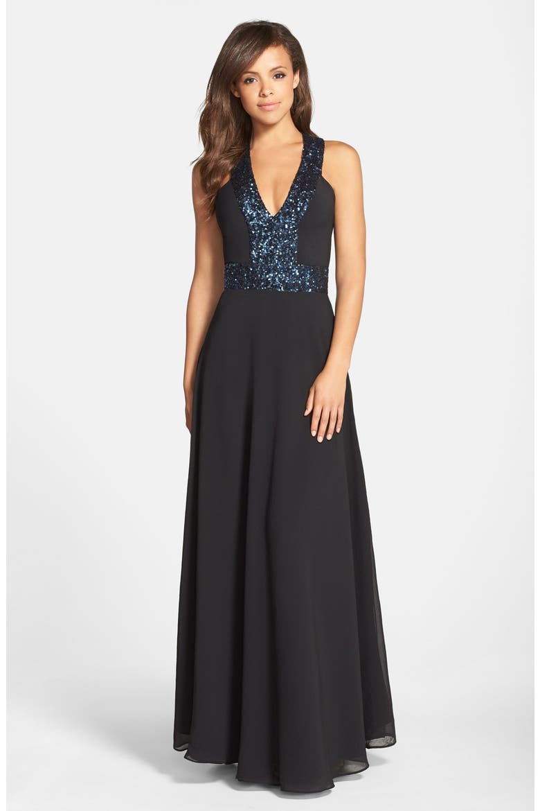 Delani Crepe Gown, Main, color, BLACK/ PEACOCK