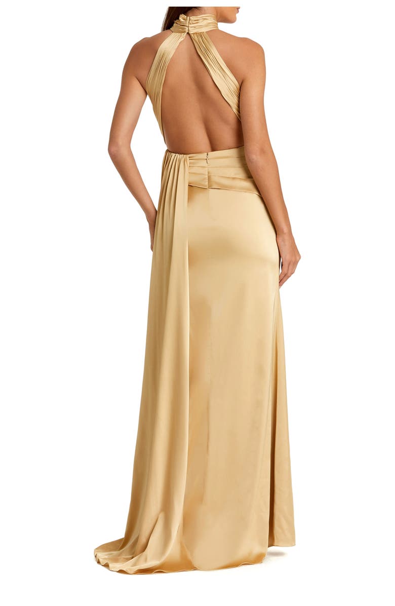 Mac Duggal Open Back High Neck Side Ruched Gown, Alternate, color, Gold