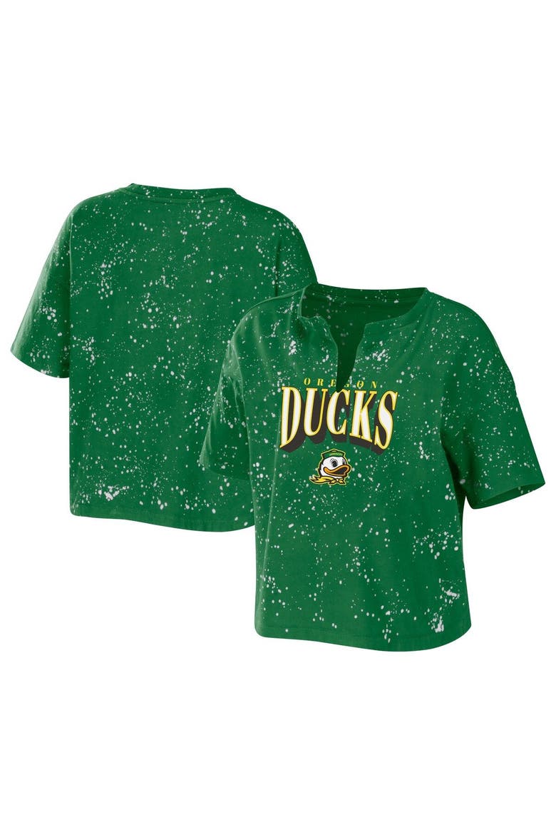 Women's WEAR by Erin Andrews Green Oregon Ducks Bleach Wash Splatter Cropped Notch Neck T-Shirt, Main, color, Green