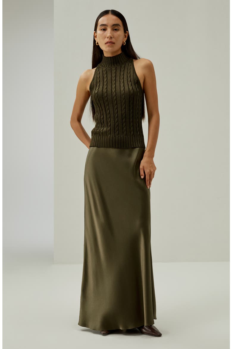 Women's Classic High-Neck Cable-Knit Sleeveless Silk Top, Alternate, color, Pine