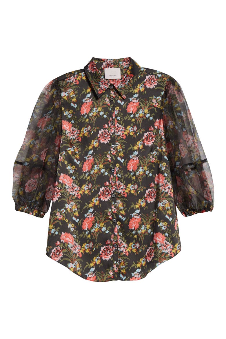 Impressionist Floral Puff Sleeve Button-Up Shirt, Alternate, color, LAVASTONE MULTI