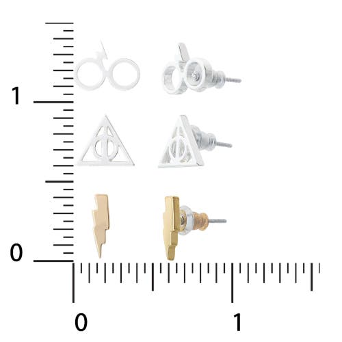 Harry Potter Deathly Hallows And Lightning Bolt Studs Earrings, 3-pack In Metallic