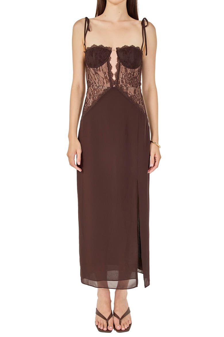 Lace Bustier Sleeveless Midi Dress, Main, color, CHOCOLATE BROWN