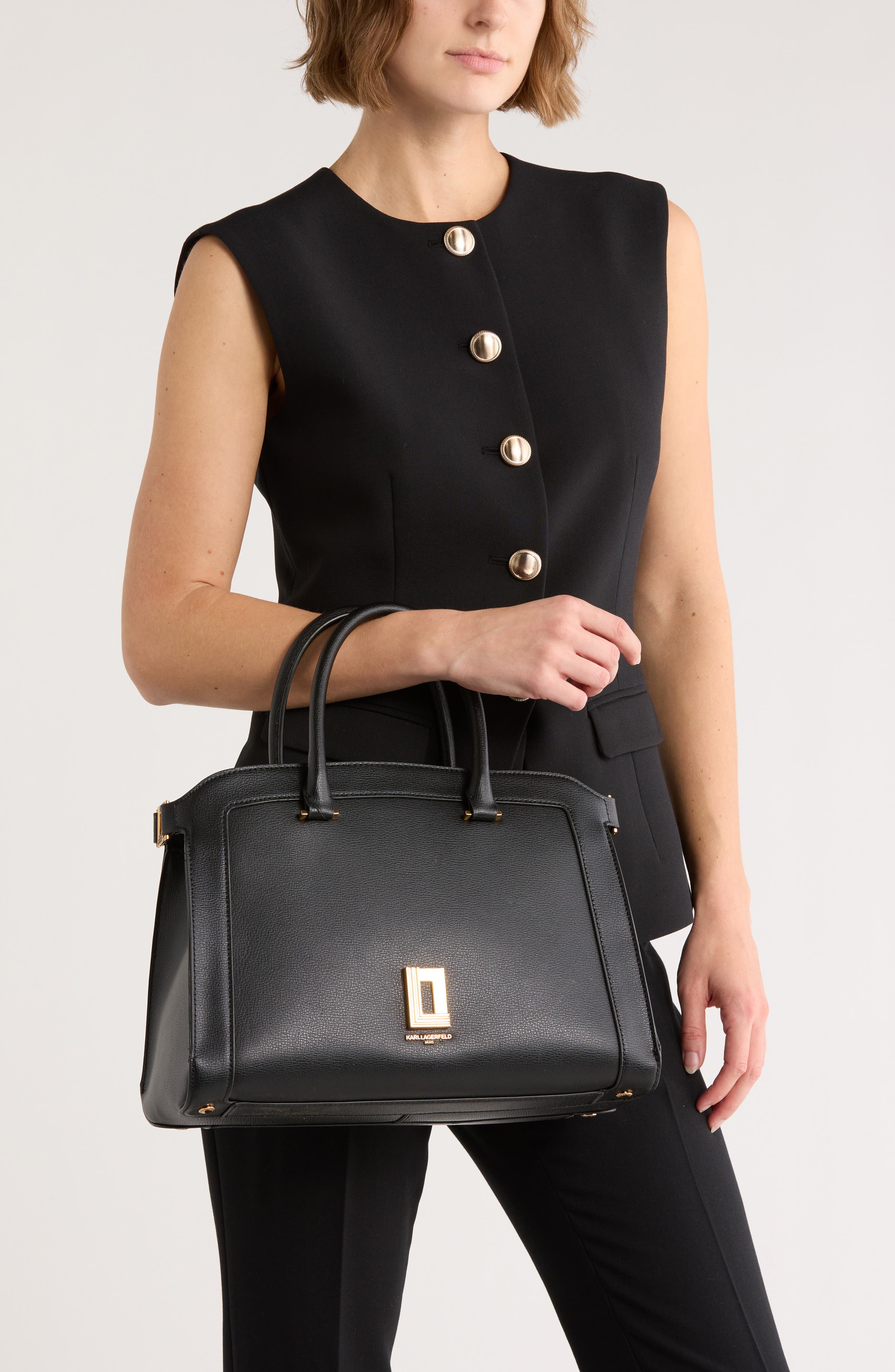 KARL LAGERFELD PARIS Simone Leather Satchel, Alternate, color, Black/ Gold