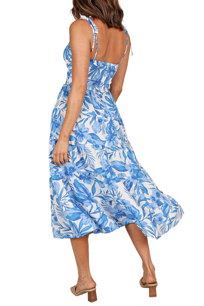 Rose Floral Tie Strap Tiered Midi Dress, Alternate, color, BLUE/ WHITE