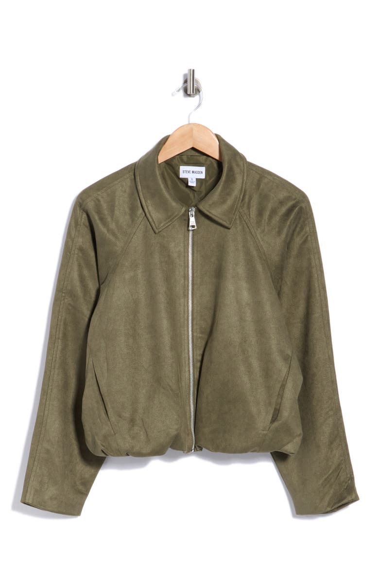 Faux Suede Zip Up Bubble Jacket, Alternate, color, OLIVE NIGHT