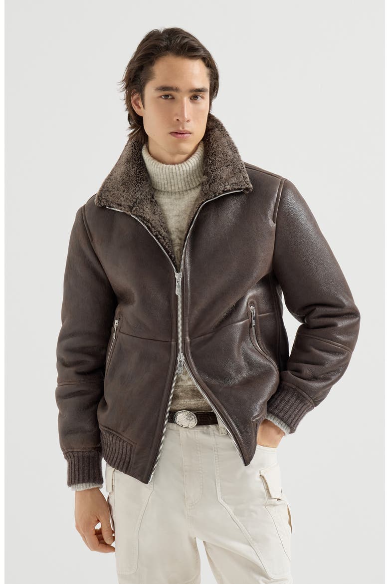Vintage-effect shearling bomber jacket, Main, color, Brown