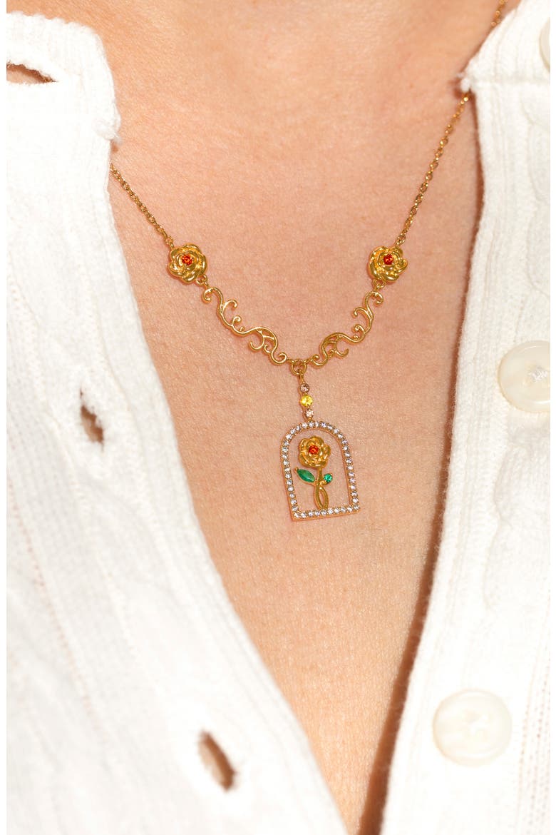Kids' Disney Belle Rose Pendant Necklace, Alternate, color, GOLD