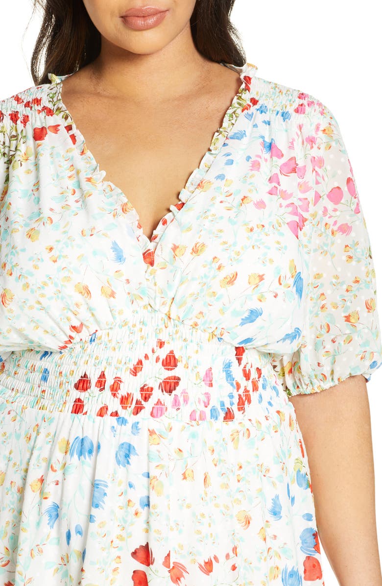 Maison Tara Smocked Floral Clip Dot Chiffon Dress, Alternate, color,