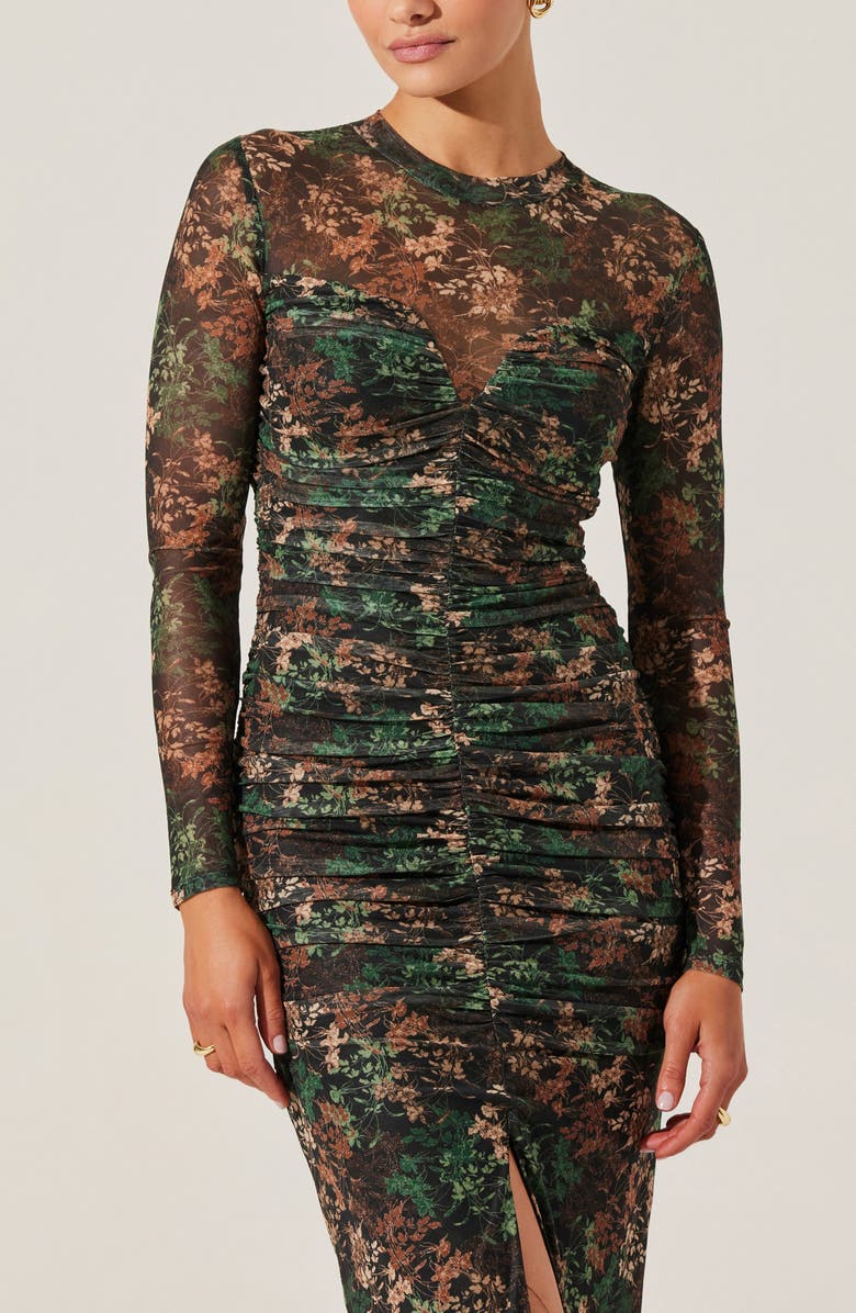 ASTR the Label Floral Ruched Long Sleeve Mesh Dress, Alternate, color,