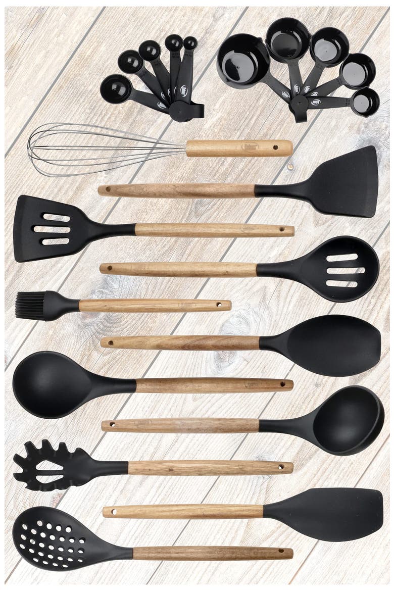 Wood and Silicone Utensil 21-Piece Set, Alternate, color, BLACK