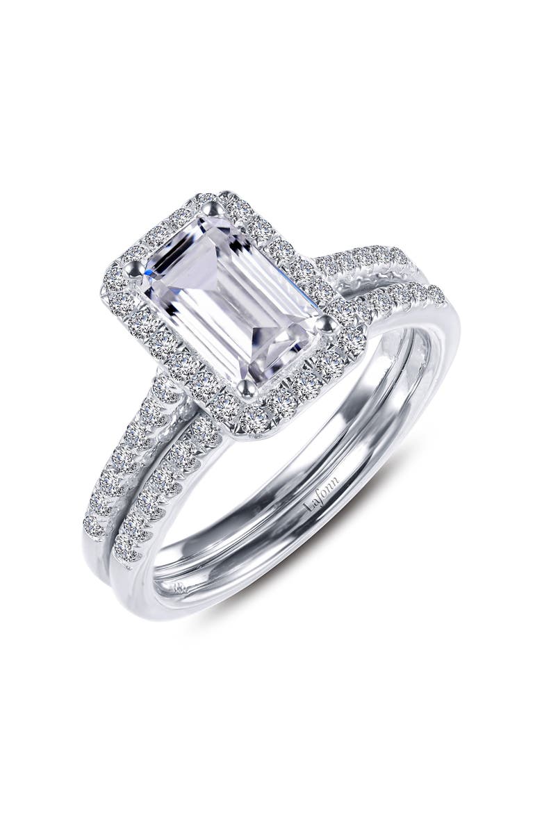 Emerald Cut Halo Engagement Ring & Wedding Band Set, Alternate, color, SILVER/ CLEAR