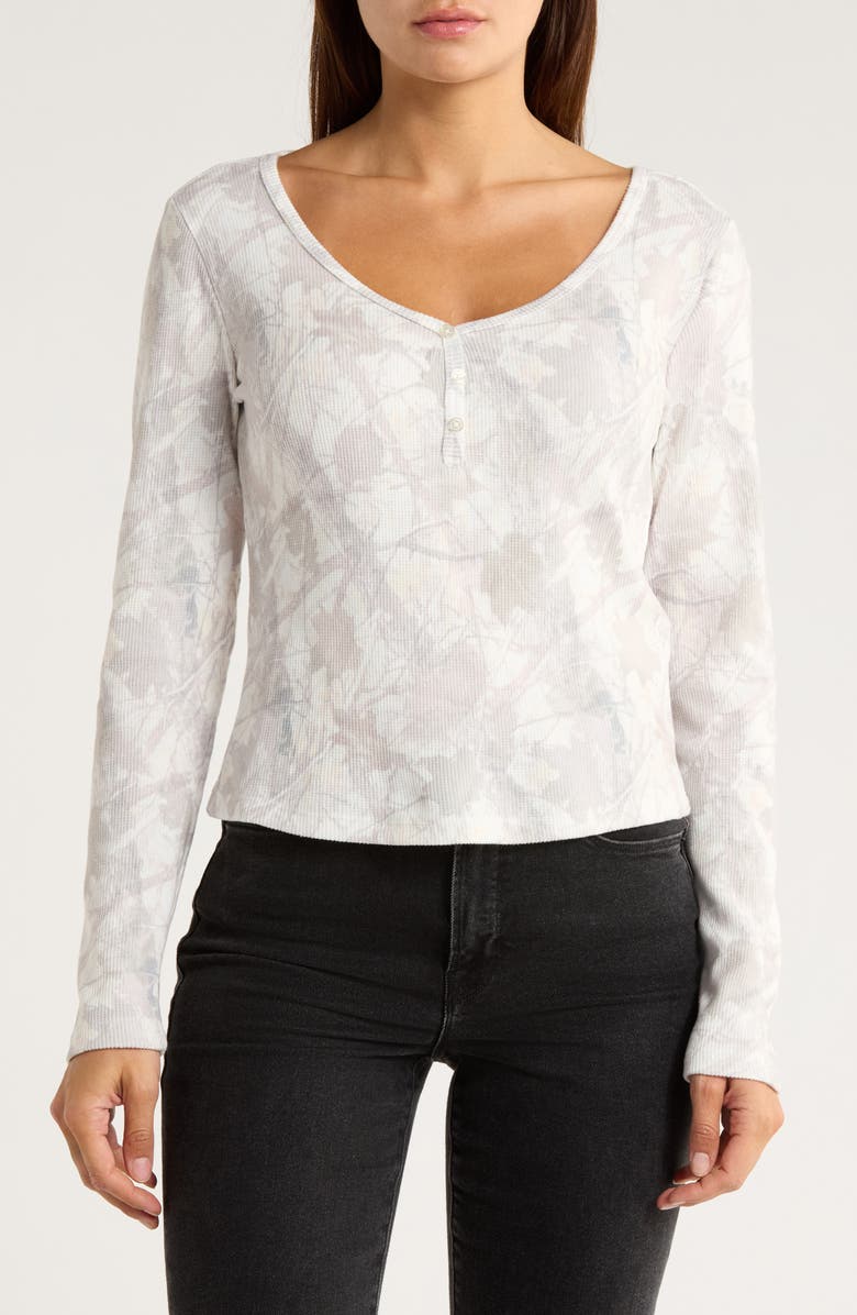 Madden Girl Camo Print Long Sleeve Waffle Knit Crop Henley, Main, color, Whisper White Combo