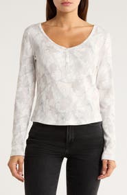 Madden Girl Camo Print Long Sleeve Waffle Knit Crop Henley