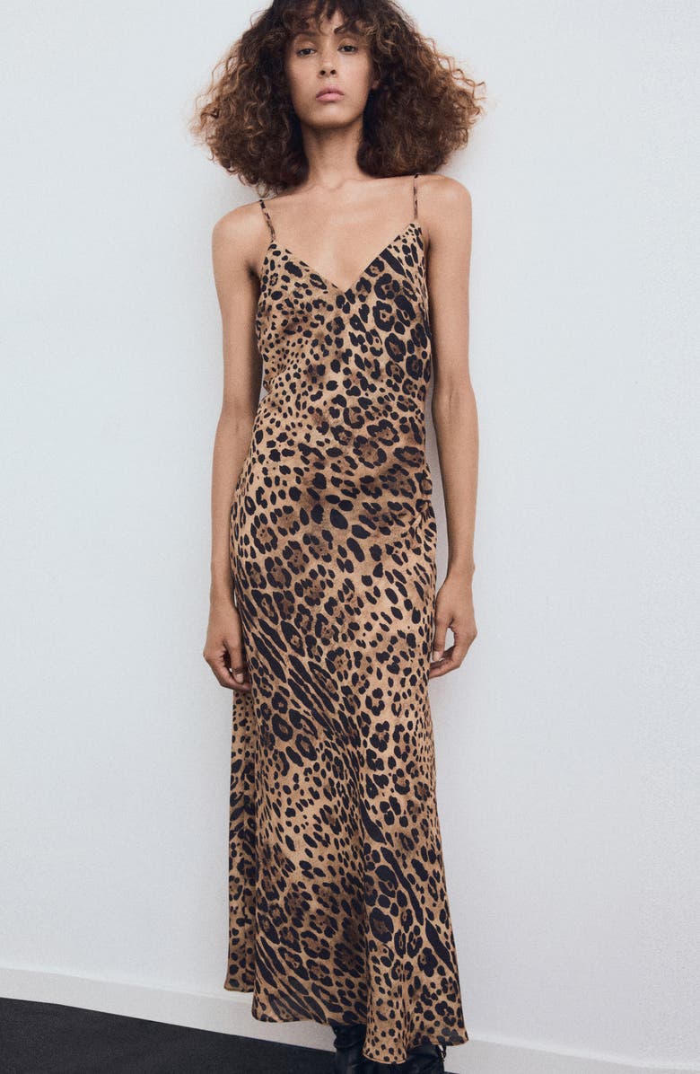 MANGO Leopard Print Maxi Slipdress, Alternate, color, Brown
