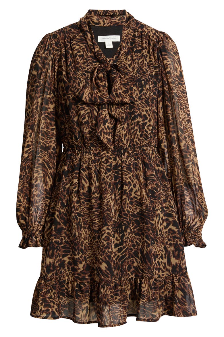 Tie Neck Long Sleeve Minidress, Alternate, color, TAN- BLACK LEOPARD ABSTRACT