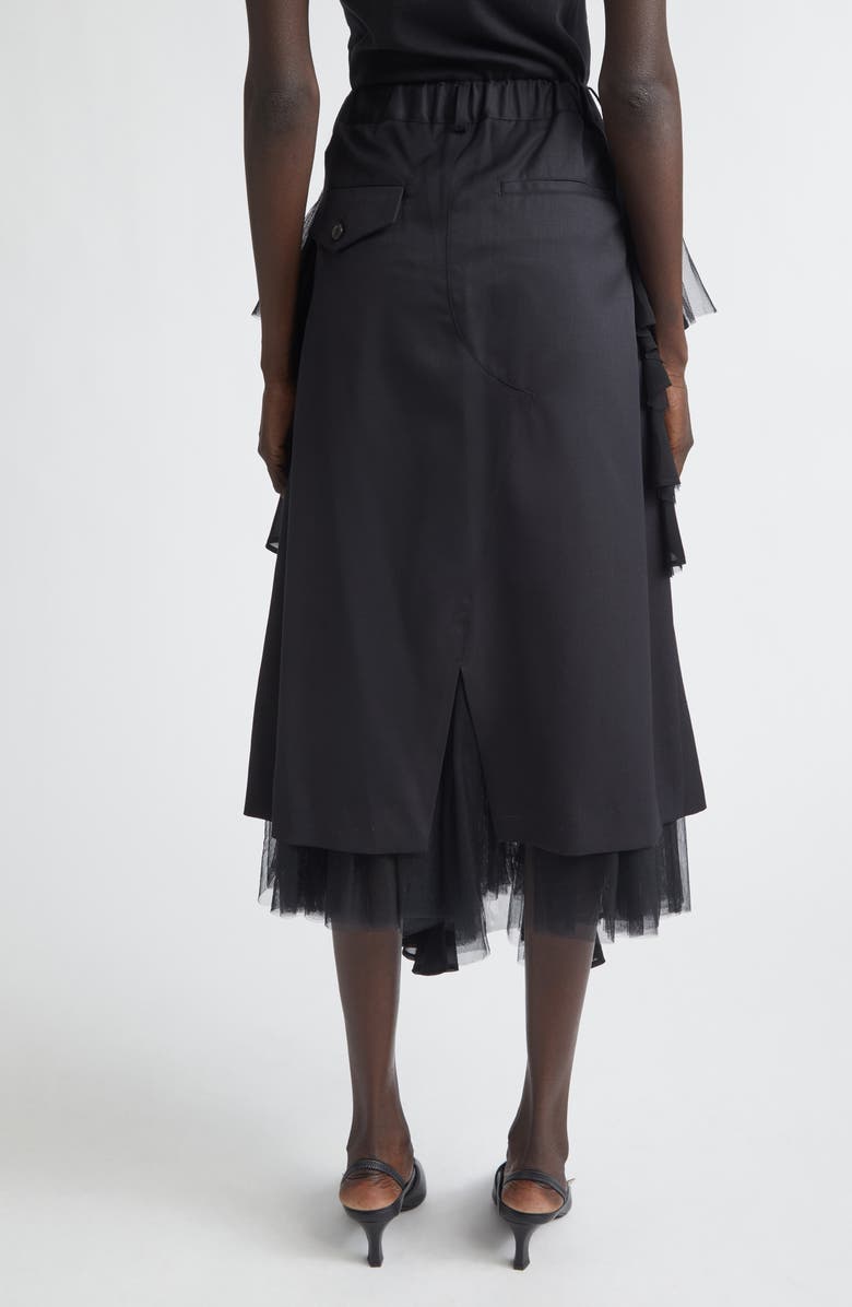 Noir Kei Ninomiya Wool Gabardine Skirt with Tulle Ruffles, Alternate, color, Black X Black