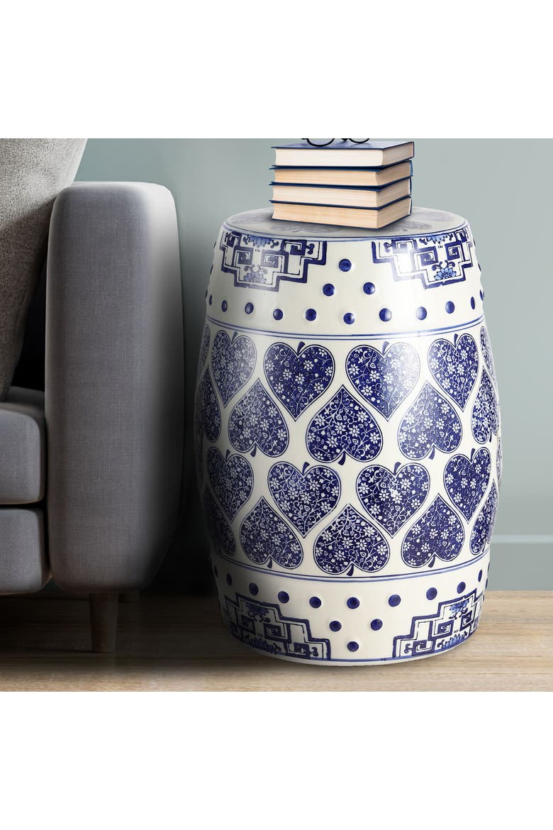 Happy Hearts Traditional Floral Chinoiserie Ceramic Drum Garden Stool, Pierced Indoor/Outdoor Patio Seat & Side Table, Alternate, color, Blue/White