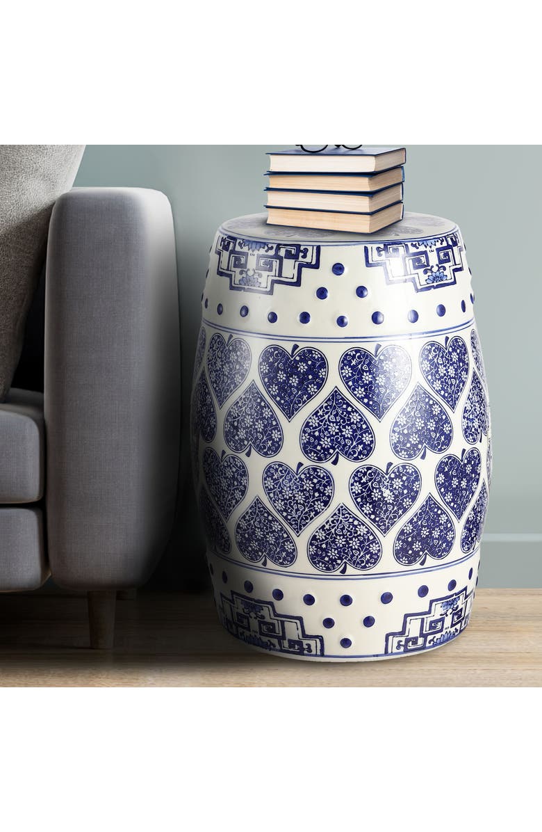 JONATHAN Y Happy Hearts 17.8" Chinoiserie Ceramic Drum Garden Stool, Alternate, color, Blue/White