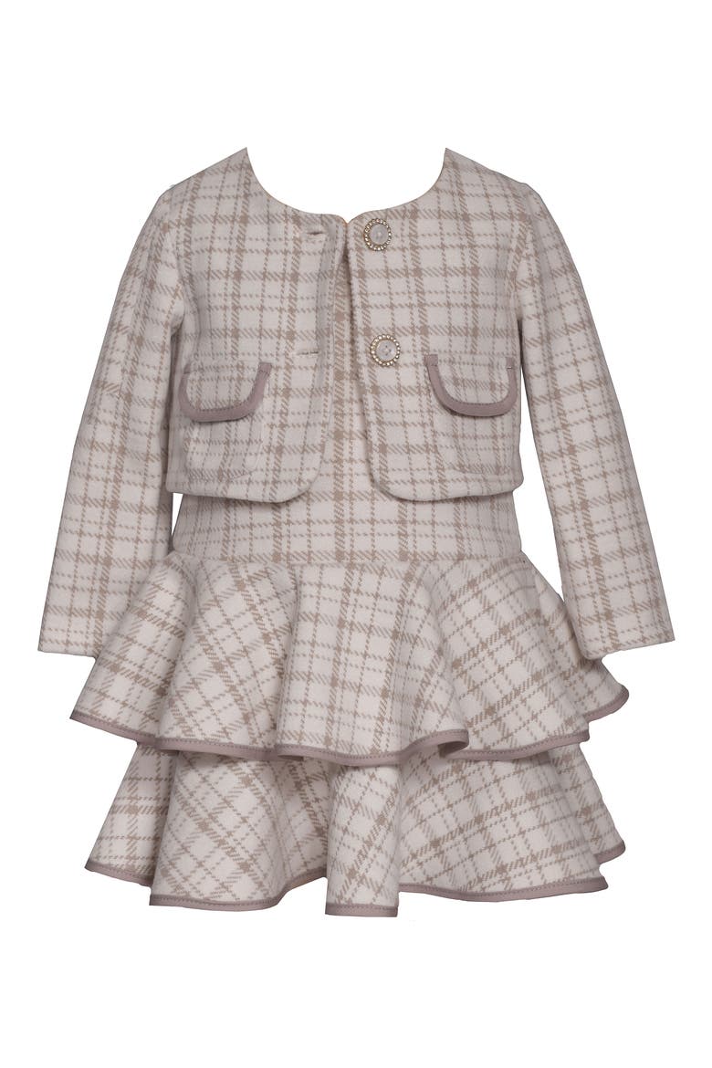 Kids' Plaid Tiered Dress & Jacket Set, Main, color, TAUPE
