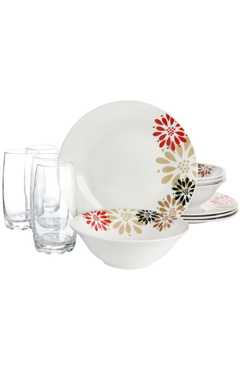 Gibson Everyday Everyday Osaka Blossom Fine Ceramic 12 Piece Dinnerware Combo Set, Main, color, White