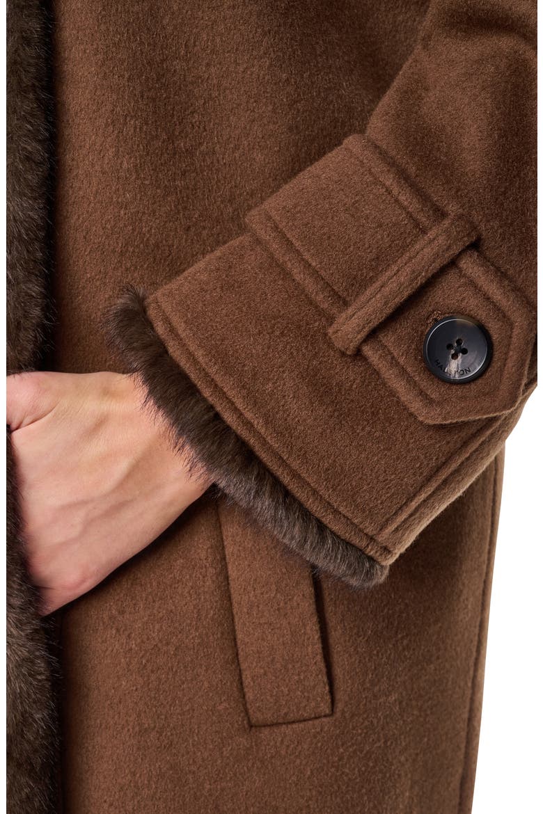 Faux Mink Trim Double Breasted Wool Blend Coat, Alternate, color, VICUNA