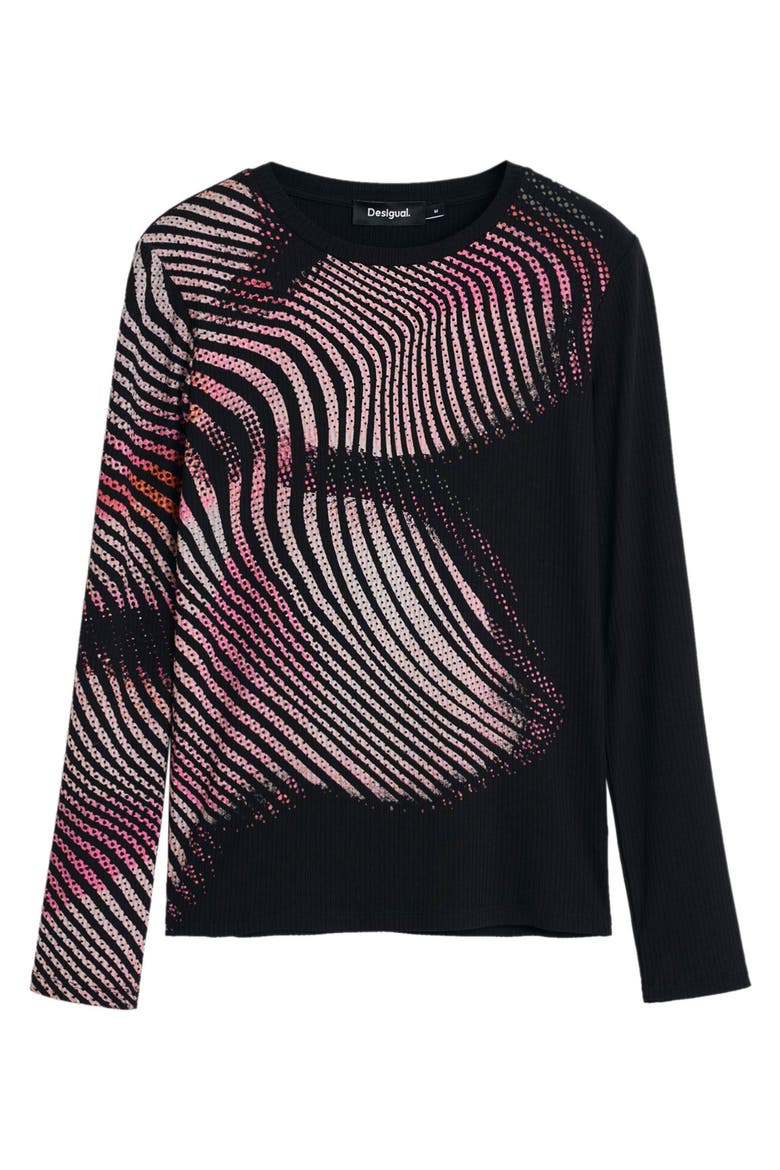 Printed Rib Long Sleeve Top, Alternate, color, BLACK