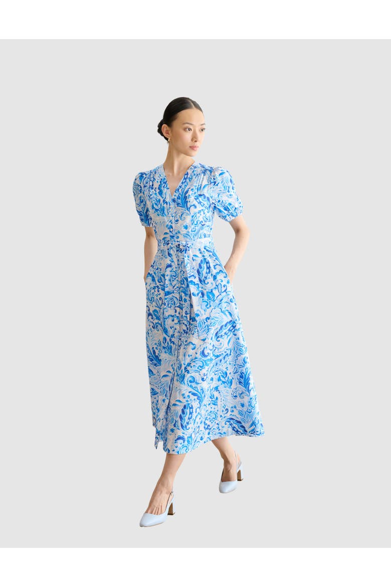 Libby Short Sleeve V-Neck Midi Dress, Main, color, Blue Multi