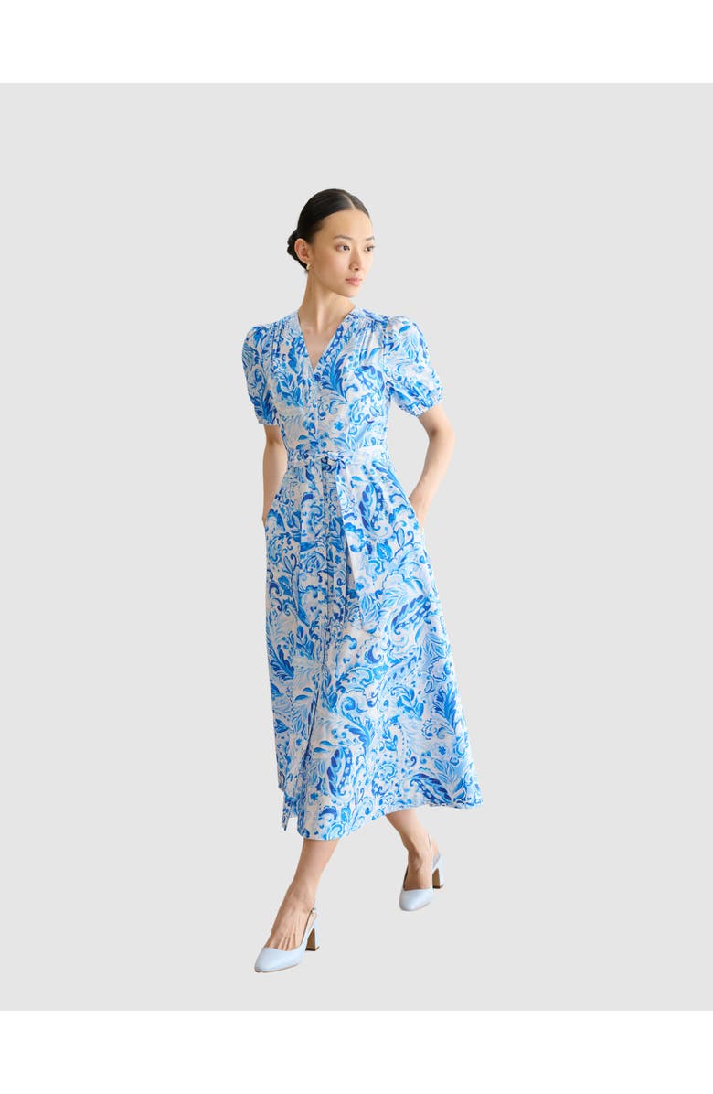 HOBBS LONDON Libby Short Sleeve V-Neck Midi Dress, Main, color, Blue Multi